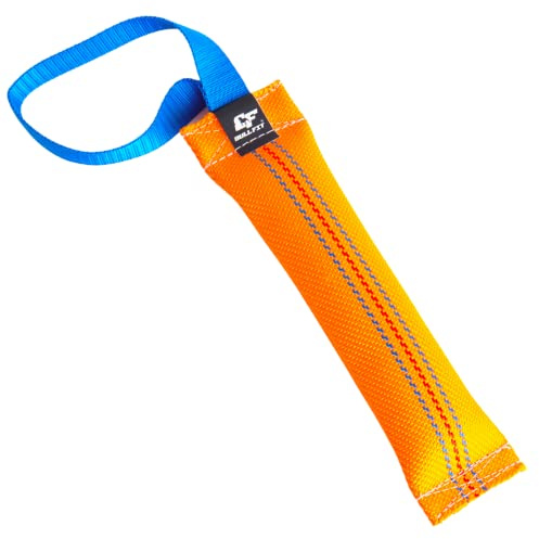 Bull Fit Beisswurst für Hunde, mit Handschlaufe, 25 cm, Orange | Aus hochwertigem Feuerwehrschlauch handgefertigt, robustes Hundespielzeug zum Training, Tauziehen und Zerrspiele mit Hund