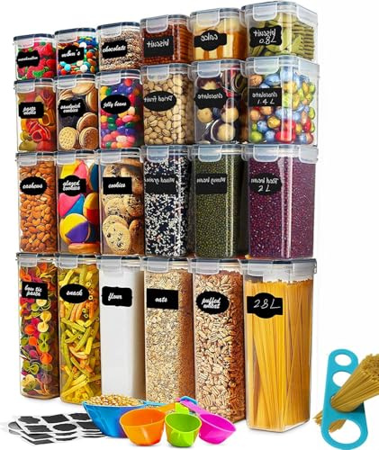 SOSINYA 24-delige set luchtdichte voorraadpotten – BPA-vrije plastic bewaardozen met deksels – Inclusief etiketten, marker en maatlepel – Perfect voor muesli, bloem, suiker en meer