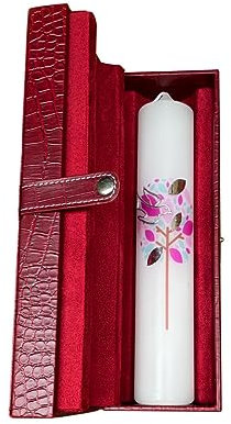 Set Taufkerze Mädchen Lebensbaum Rosa 265 x Ø 50 mm mit Namensverzierung und Geschenketui
