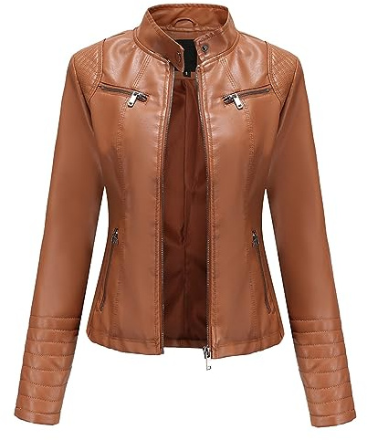 Chaqueta fina de piel sintética para mujer, cuello alto, ligera de transición con cremallera, moda ciclista, corta, marrón, M