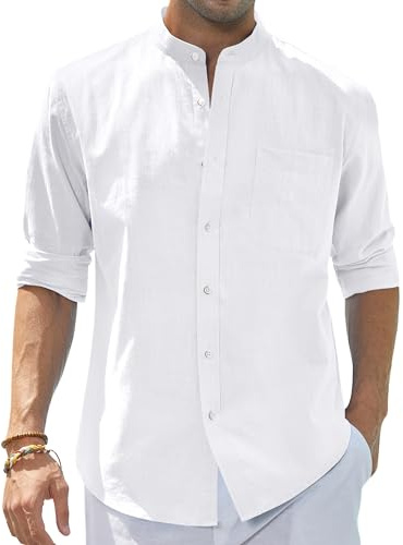 J.VER Mens Cotton Linen Long Sleeve Stand Collar Shirts Casual Beach Wedding Shirt with Pocket A-White XX-Large