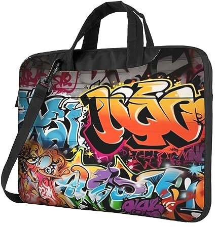 GFLFMXZW Laptoptasche mit Graffiti-Hip-Hop-Druck, stoßfest, Laptop-Umhängetasche, tragbare Kuriertasche mit Griff, Aktentasche, Schwarz, 15.6 inch