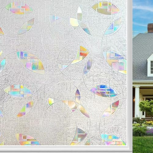 Regenbogen Folie Fenster, Cheerhom Fensterfolie Regenbogeneffekt Sichtschutzfolie Fenster Blickdicht Statisch Haftend, Selbstklebende Milchglasfolie Fenster mit Großes Halbmondmuster 90x200 cm