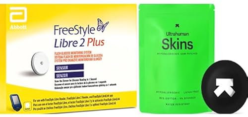 Abbott Freestyle Libre 2 Plus Sensor for diabetes monitoring CGM for UK, white + Free (Ultrahuman Skins) alcohol wipe and water proof CGM Patches to be used with LibreLink app, Libre reader ONLY