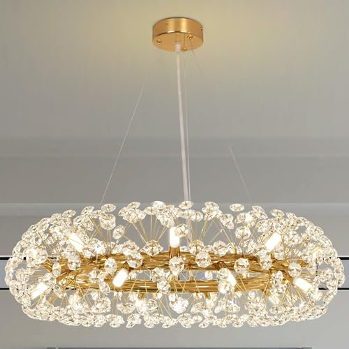 Depuley 20 Lights Gold Crystal Firework Chandelier, Modern Crystal Ring Firework Chandelier Fixture, 26.8(D) Round Dandelion Chandeliers Lighting, Sputnik Chandeliers Firework(G9 Bulbs Included)
