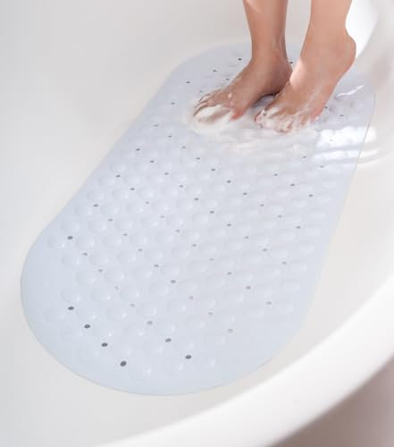HITSLAM Tappetino Vasca Antiscivolo Ovale, 88 x 40 CM Resistente alla Muffa Tappetino Doccia Antiscivolo per il Bagno,Lavabile in Lavatrice e Senza BPA Tappetino Bagno, Bianco