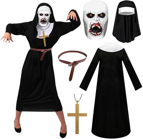 Schwarz Nonnenkostüm Damen Halloween Set Nonne Kloster Schwester Mittelalterliche Kleidung mit Nonne Horror Latexmaske Nonnenhaube Kreuz Halskette Gürtel Für Halloween Karneval Mottoparty Cosplay (M)