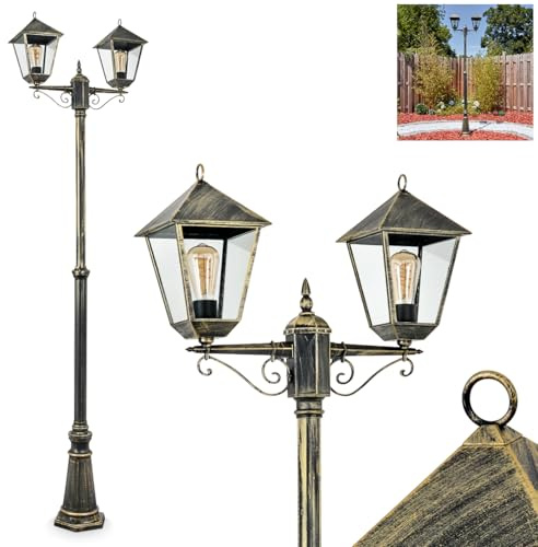 HOFSTEIN Kandelaber Anfei, Außenwegeleuchte aus Metall/Glas in Schwarz/Gold/Klar, Wegeleuchte im Landhaus/Antik/Retro/Vintage-Design für Garten, Außenbereich, Hof, Höhe max. 240 cm, 2 x E27, IP44