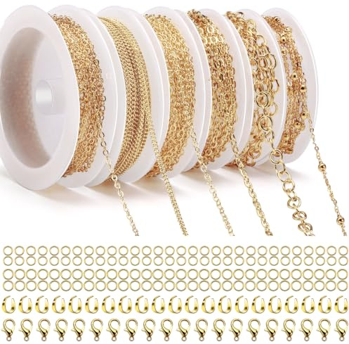 Draupnir 14m 6 Rollen Gliederkette Gold, Schmuckketten zum Basteln | Halskettenketten Meterware Zubehör mit Ringen und Karabinerverschlüssen und U Ringen für Schmuck Diy Herstellung