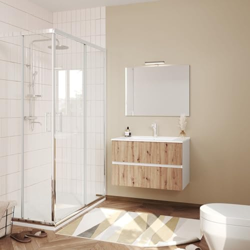 Kiamami Valentina Mobile Bagno Sospeso 80 Cm Bianco Rovere Cannettato | Struttura in legno nobilitato, lavabo ceramica, 2 cassetti, specchio 80x60 cm, serie Salina, lampada led