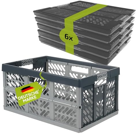 6 x robust professionell – hopfällbar låda 45 till 50 kg – hopfällbar låda, låda, korg för förvaring, transport – silver