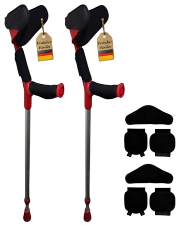 2x Krücke mit Polster von FabaCare, Softgriff Magic-Soft, Unterarmgehstütze mit Softgrip, Gehhilfe höhenverstellbar, leichte Gehstütze, Unterarmkrücke bis 130 kg, Rot