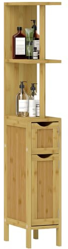 HOMCOM Colonne de Salle de Bain, avec 2 Étagères Ouvertes, Bois Naturel | Meuble de Salle de Bain, 2 Placards à Portes Magnétiques, en Bambou