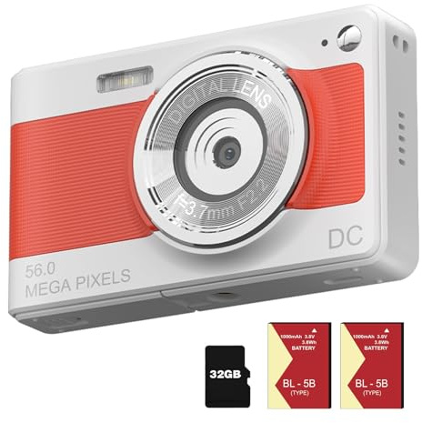 Fotocamera digitale per adolescenti e studenti, FHD 1080P 8X zoom digitale 56 MP fotocamere all-in-one con scheda 32G e 2 batterie fotocamera portatile (arancione)