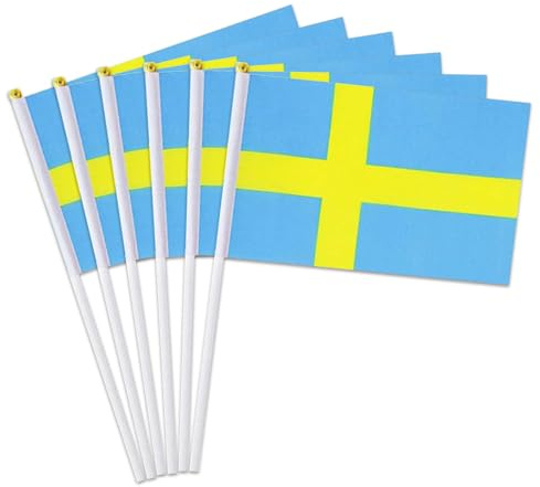 Piccola bandiera svedese, confezione da 12 mini bandiere della Svezia tenute in mano per parate esterne festa patriottica 4 luglio decorazioni (Svezia)