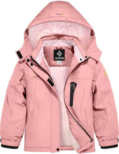 GEMYSE Veste de Ski Hiver pour Fille Enfant Blouson Chaud Imperméable Coupe-Vent avec Capuche et Doublure Polaire pour Neige de Montagne(Rose Corail avec Doublure Rose,140-146)