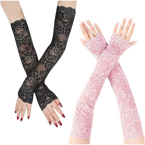 JK Home 2 Paires Manchettes Bras en Dentelle Gant Long Noir/Rose