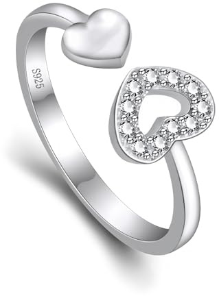 Epoch World Damen Ring Silber Ringe Verstellbar Offener Herz Ringe Zirkonia Schmuck Promise Engagement Herz Silber Ring für Damen Frauen