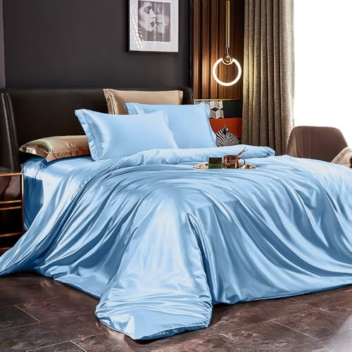 Covebett Biancheria da letto in raso, 135 x 200 cm, blu chiaro, tinta unita, liscia, satinata lucida, in microfibra, copripiumino e federa 80 x 80 cm, chiusura lampo