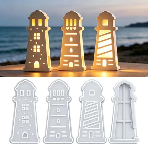 4 Stück Silikonform Gießformen Leuchtturm, Gipsformen zum Gießen Kerzen, Maritime Gipsformen für Gips, Beton & Epoxidharz, DIY Sommer Deko