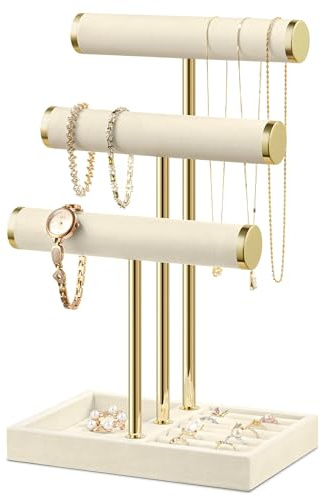 Josmimic Bracelet Holder Jewelry Organizer Display - 3 Tier T Bar Velvet Stand, Beige Jewelry Storage for Bracelet, Necklaces, Watches