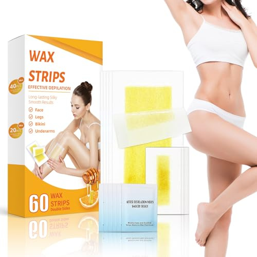 60PCS Wax Strips for Hair Removal, Facial Hair Removal for Women, Waxing Kit for Women, 40 Body & 20 Facial Waxing Strips & 6ct Wipes For Face, Eyebrow, Arms, Legs, Underarm, and Bikini.