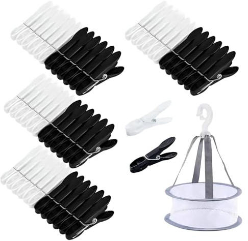 48 pcs Clothes Pegs with Net Bag, Anti-Slip Windproof Rack Peg Bags | Indoor and Outdoor Traceless Safe Grip Clothes Peg for Family Bathroom Garden Living Room Bedroom (Black & White)