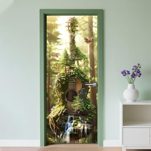 CRAFTYMELODY - Adhesivo decorativo para puerta extraíble de vinilo de PVC impermeable con diseño de guitarra y cascada