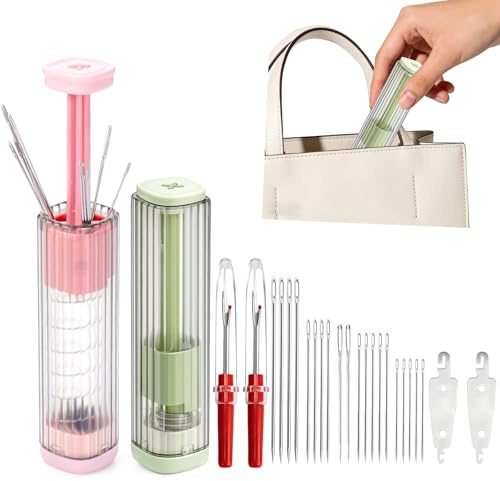 XANGNIER 2 Pcs Magnetic Needle Case with Pop-up Design,Travel Sewing Needle Storage Holder with 5 Size Sewing Needles,Threaders and Seam Ripper,Portable Organizer Box for Embroidery Pin,Knitting