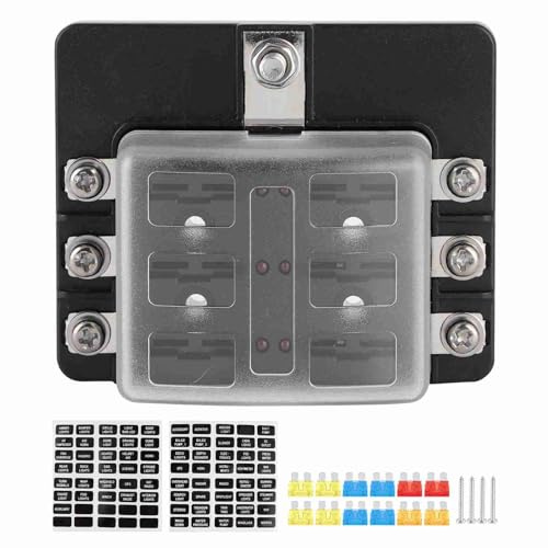 6-fach Sicherungshalter-Box mit LED-Anzeige, PBT-Sicherungsblock für Auto, Marine, Boot und Yacht, wasserdichte, isolierte Sicherungsplatine mit Sicherungen und Schrauben für 12-V-