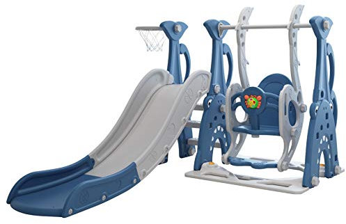 Clarmaro 'Crazy Zoo' 3in1 Kinder Spielplatz mit 165 cm Rutsche, Schaukel und Basketballkorb | Indoor und Outdoor | Spielturm und Rutsche mit extra Breiten Stufen und Standbeinen | Farbe: Blau