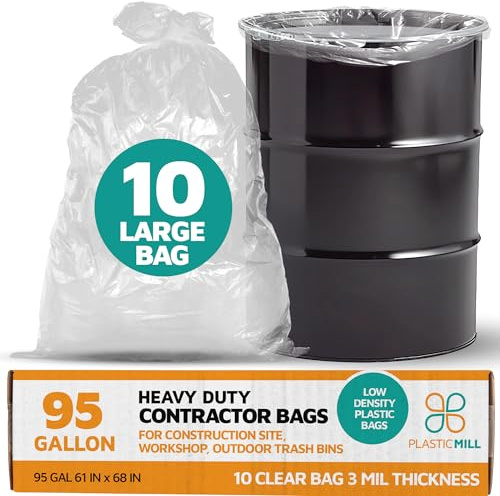 PlasticMill Contractor Bags Heavy Duty - Commercial, Industrial Garbage Bags - Clear Construction Trash Bags - Outdoor, Garden Trash Bags, 95-Gallon, 3 Mil, 61x68 (10-Count)