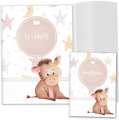 OLGS U-Heft und Impfpasshülle Set 3-teilig | Sleepy Mond und Sterne | Hüllen für Untersuchungsheft & Impfpass | Geschenke Baby | Babygeschenke zur Geburt (U-Heft Set 3-teilig, Esel)
