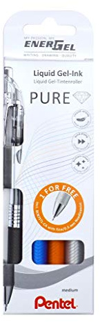 Pentel BL77TL-4 EnerGel Pure Gel-Tintenroller 4er Set - 3+1 Free -, sortiert, 0,7 mm Kugeldurchmesser = 0,35 mm Strichstärke, Druckmechanik, nachfüllbar, Schwarz/Marineblau/Blau/Orange