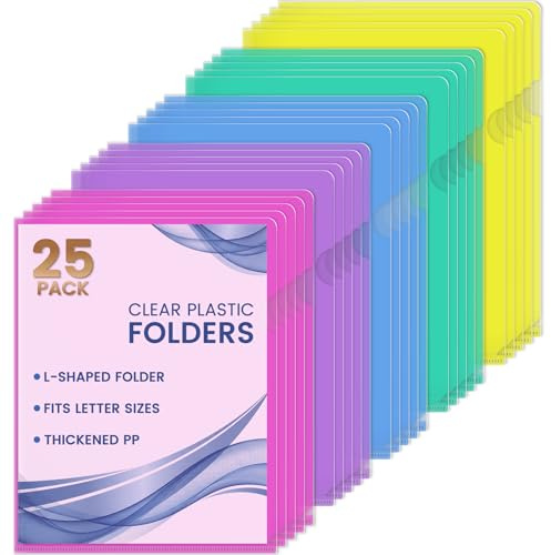Sooez 25 Pack Clear Document Folder Project Pockets, Clear Plastic Folders Letter Size Plastic Document Folders Paper Poly Jacket Sleeves Folders Copy, 5 Assorted Colors
