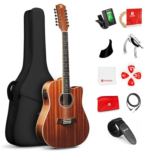 Vangoa 12 String Guitar Acoustic Electric, Upgraded Guitar 12 Strings Bundle for Beginner Intermediate Adults Teens, Guitarra de 12 Cuerdas, Sapele Body Bone Nut, Brown Glossy