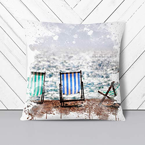 Big Box Art Landscape Brighton Beach Deckchairs V3 - Cushion Cover Throw Pillow with Insert for Sofa Chair Bed - White Rear - 55x55 cm