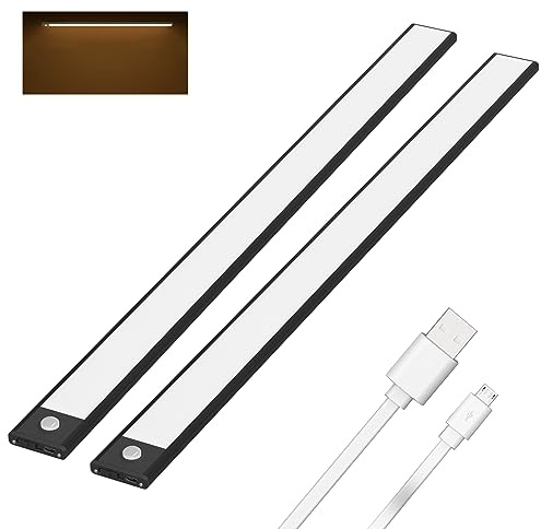 Klighten 2 Stück 60cm Schrankbeleuchtung mit Bewegungsmelder, Unterbauleuchte Küche LED 230LM, 3200 mAh Batterie, Auto/ON/OFF, USB Aufladbar, Magnet Schranklicht, 3000K Warmweiß, Schwarz