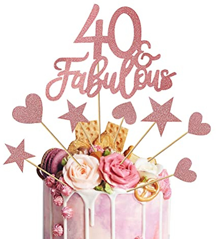 kuou 13pcs 40 & Fabulous Cake Topper, 40th Birthday Cake Topper Set | Glitter Card Topper Set, Includes Stars and Hearts, for Cheers 40th Happy Birthday Anniversary Party Cake Decorations