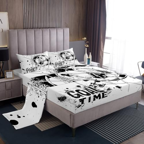 Erosebridal Kids Football Bed Sheets Queen 4PCS, American Soccer Sheet Set Sports Games Fitted Sheet for Boys Girls Children Geometric Polygon Flat Sheet Bedroom Living Room Decor, Black White