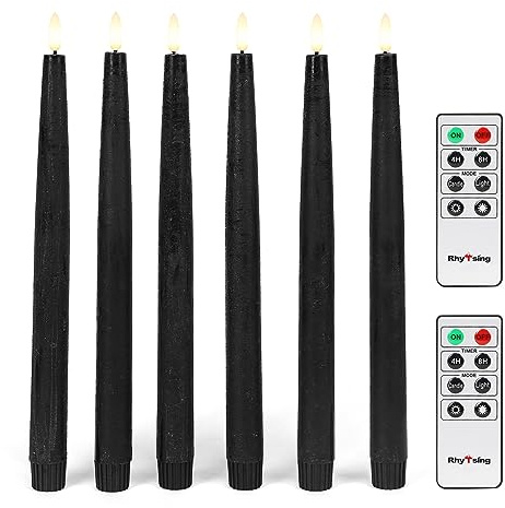Rhytsing 6 flammenlose Schwarz LED Stabkerzen Tafelkerzen mit Timer Funktion, Höhe je 29cm, Leuchterkerzen mit warmweißes Licht, 2 Fernbedienung enthalten