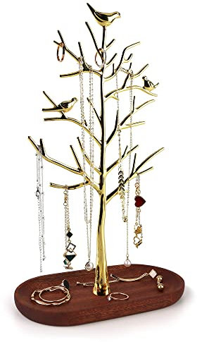 MORE&LESS Étagère à bijoux en forme de branche avec plateau en bois, couleur luxueuse, organiseur à suspendre pour bagues, boucles d'oreilles, colliers, bracelets, convient pour les salons, salles de