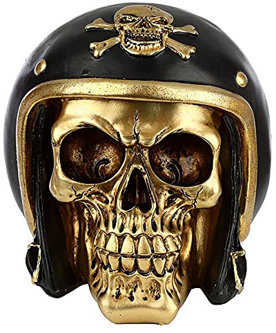 Generisch Gothic Biker Totenkopf mit Motorradhelm, Schwarz-Gold | Fantasy Skull Totenschädel Skulptur Dekoartikel Schädel-Figur Kopf-Skulptur Statue H 12 cm