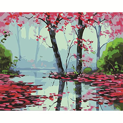 Peinture par Numéro Adulte avec Pinceaux et Acrylique DIY Toile Peintures Kits Adultes Enfants Débutant Paint by Numbers,pour Décor Lntérieure Maison avec cadre 40x50cm,Lac à feuilles caduques rouge