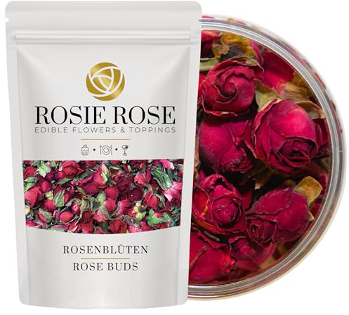 Rosie Rose essbare rote Rosenblüten Red Cherry, 50g Getrocknete Blumen für Hochzeitstorten, Backen & Kochen, natürliche Rosenblüten als essbare Deko für Kuchen und Speisen | Getrocknete Blumen für Hochzeitstorten, ideal fürs Backen & Kochen, natürliche Rosenblüten als Deko für Kuchen und Torten