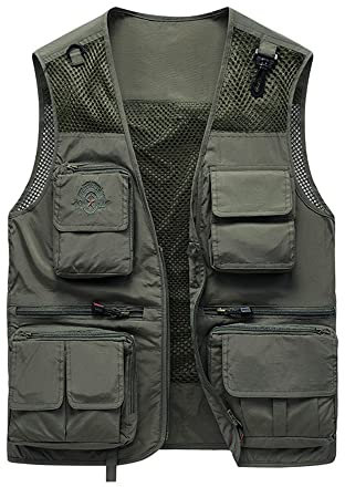 Outdoor Weste Herren Slim Fit Fotografie Casual Weste Herren Schnelltrocknend Atmungsaktiv Tasche Weste Herren Reißverschluss Dekoration Arbeits Weste Herren B-Army Grey XXL