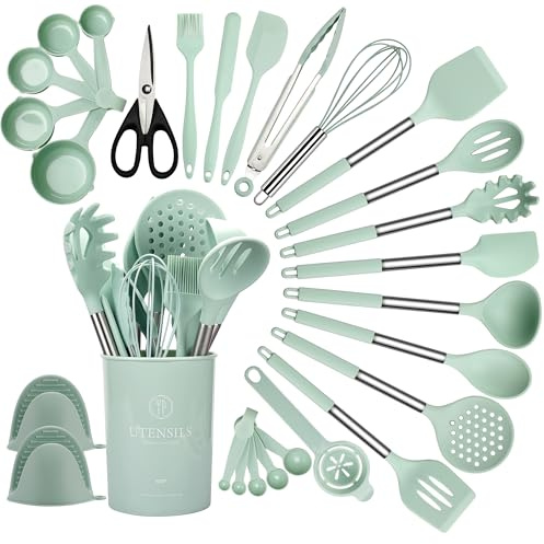 QMVESS Silicone Cooking Utensils Set, 28 Pcs Non-Stick Kitchen Utensils Set with Holder, 446°F Heat Resistant Spatula, Tongs, Spoons Set with Stainless Steel Handle Kitchen Gadgets (Light Green)