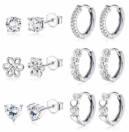 JeweBella Set med 6 par små örhängen för kvinnor och flickor, 925 sterlingsilver, allergivänliga broskörhängen, blomhjärta, kreoler, rosa, lila, blå, örhängen, set för barn