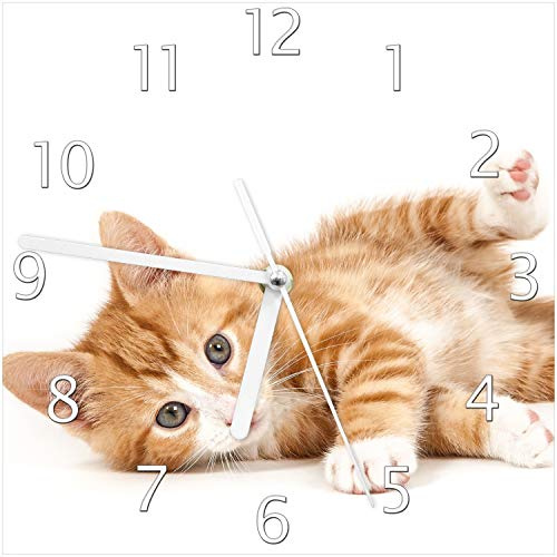 Wallario Design-Wanduhr Süße Katze mit großen Augen - rot weiß getigert aus Glas, Motiv-Uhr Größe 20 x 20 cm, weiße Zeiger