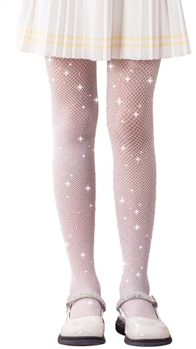 LOLANTA Confezione da 2 collant a rete per ragazze, collant con strass luccicanti per bambini, Calze a rete, Bianco scintillante, 8-13 anni, XL